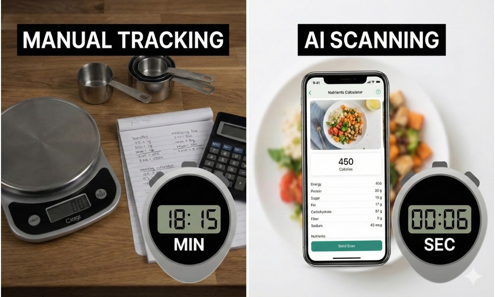 Stopwatch comparison showing manual tracking takes 18 minutes while AI tracking takes only 6 seconds.