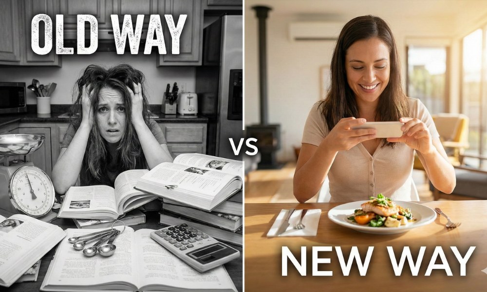 Comparison of stressful manual food weighing versus easy AI calorie counting with a smartphone.