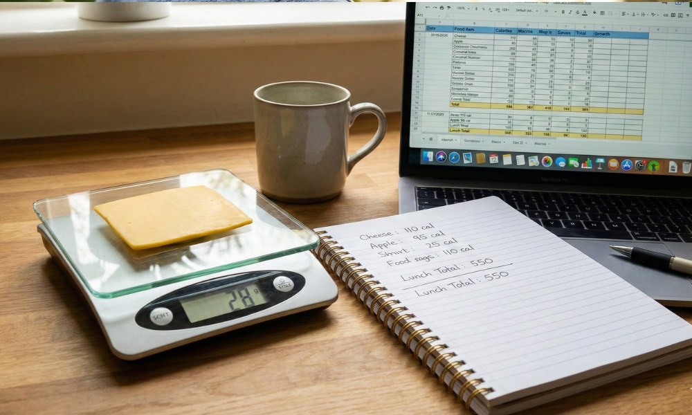 A messy kitchen counter with a digital food scale and complicated calorie counting notebook.